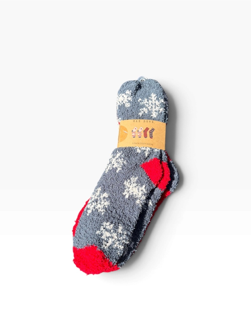Rae Dunn ‘Hello Winter’ Gray & Red Snowflake Fuzzy 3 Pack Socks